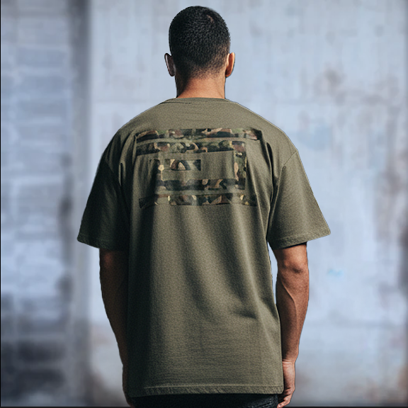 Drumcode camo print oversized unisex t shirt in olive-Drumcode-Essential Republik