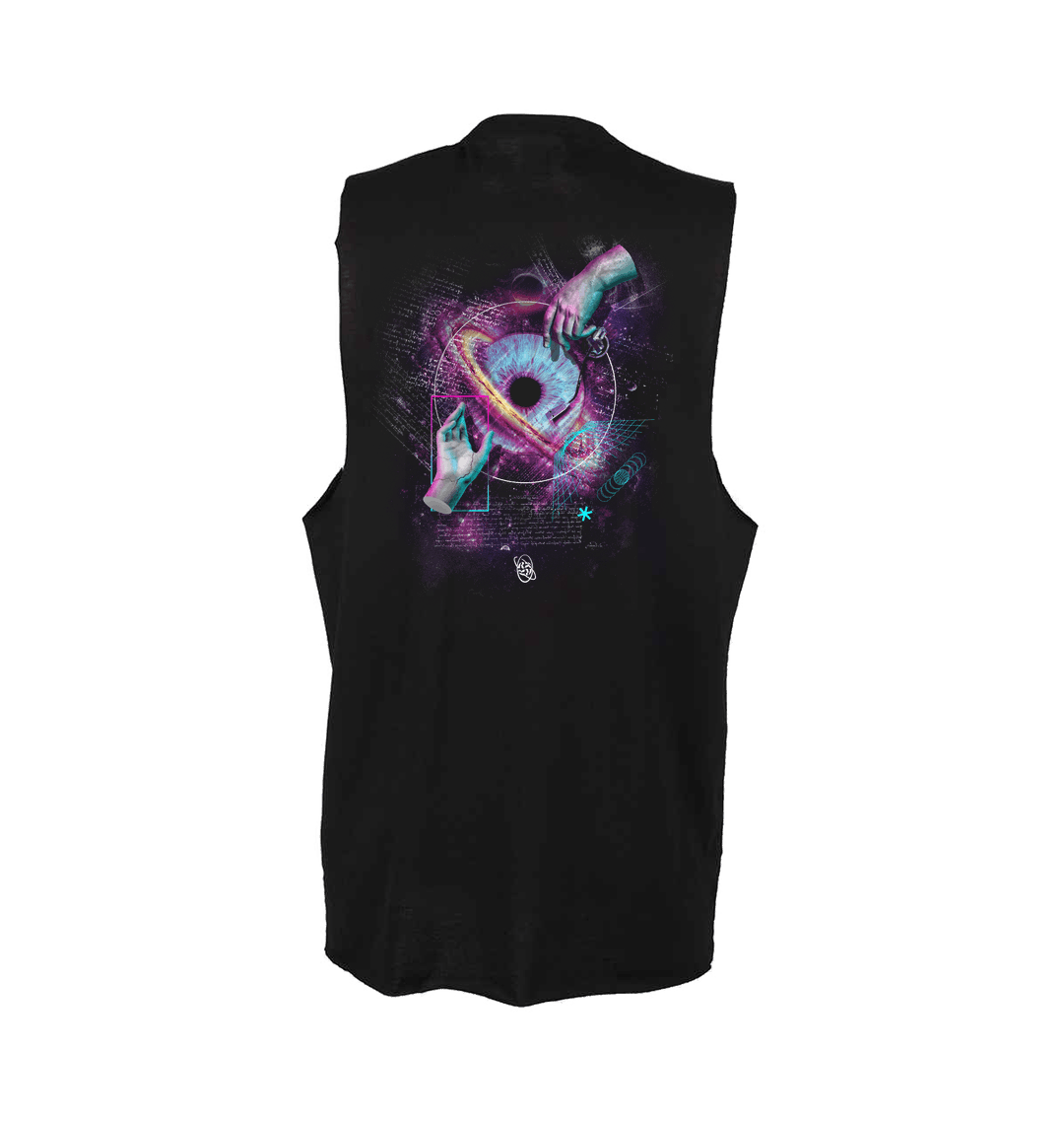 Renaissance hand and eye raw edge vest in black-Renaissance-Essential Republik