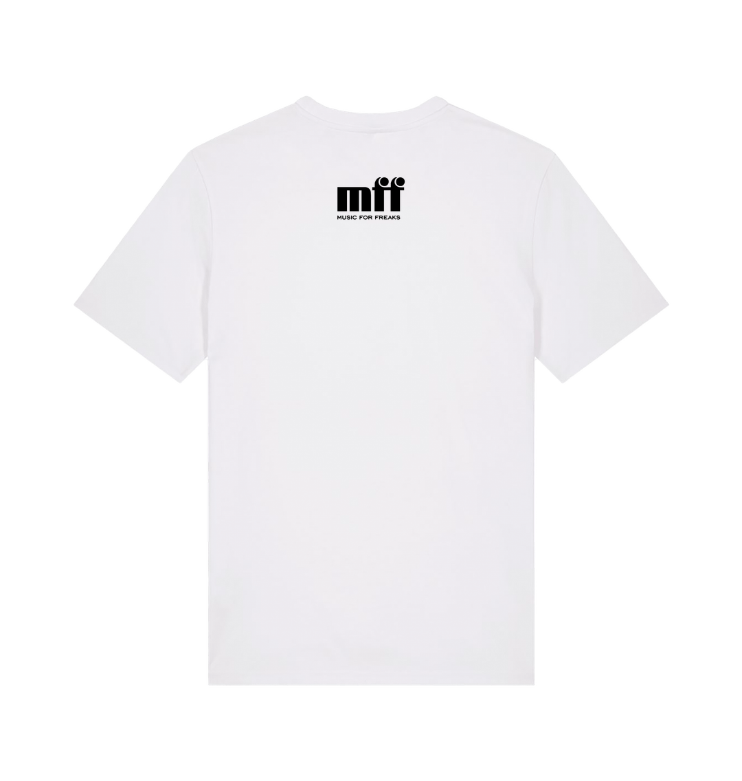 Music For Freaks Logo Front And Back Print Unisex Organic White T Shirt-Essential Republik-Essential Republik