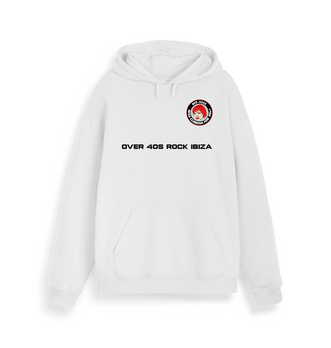 Red Jules Over 40s Rock Ibiza Unisex White Hoodie-Essential Republik-Essential Republik