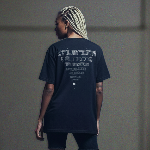 Drumcode outline print oversized unisex t shirt in black-Drumcode-Essential Republik