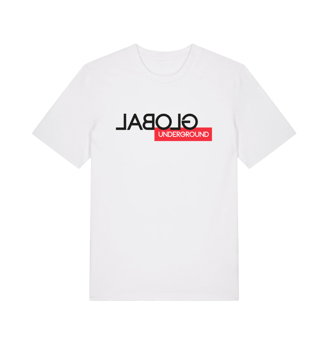 Global Underground Mirror Logo Red Band Unisex Organic White T Shirt-Essential Republik-Essential Republik