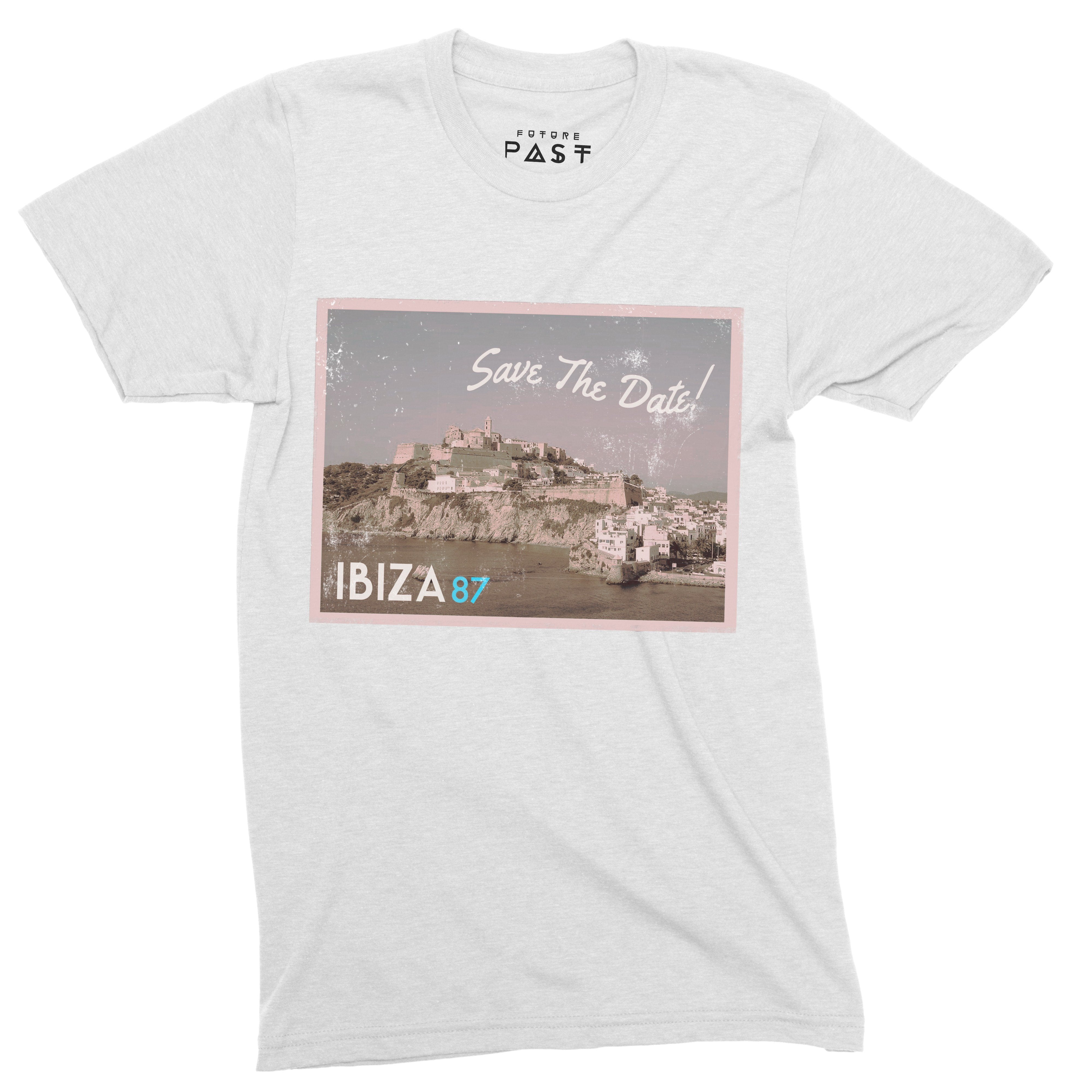Ibiza 87 Save The Date Postcard T-Shirt / White-Future Past-Essential Republik