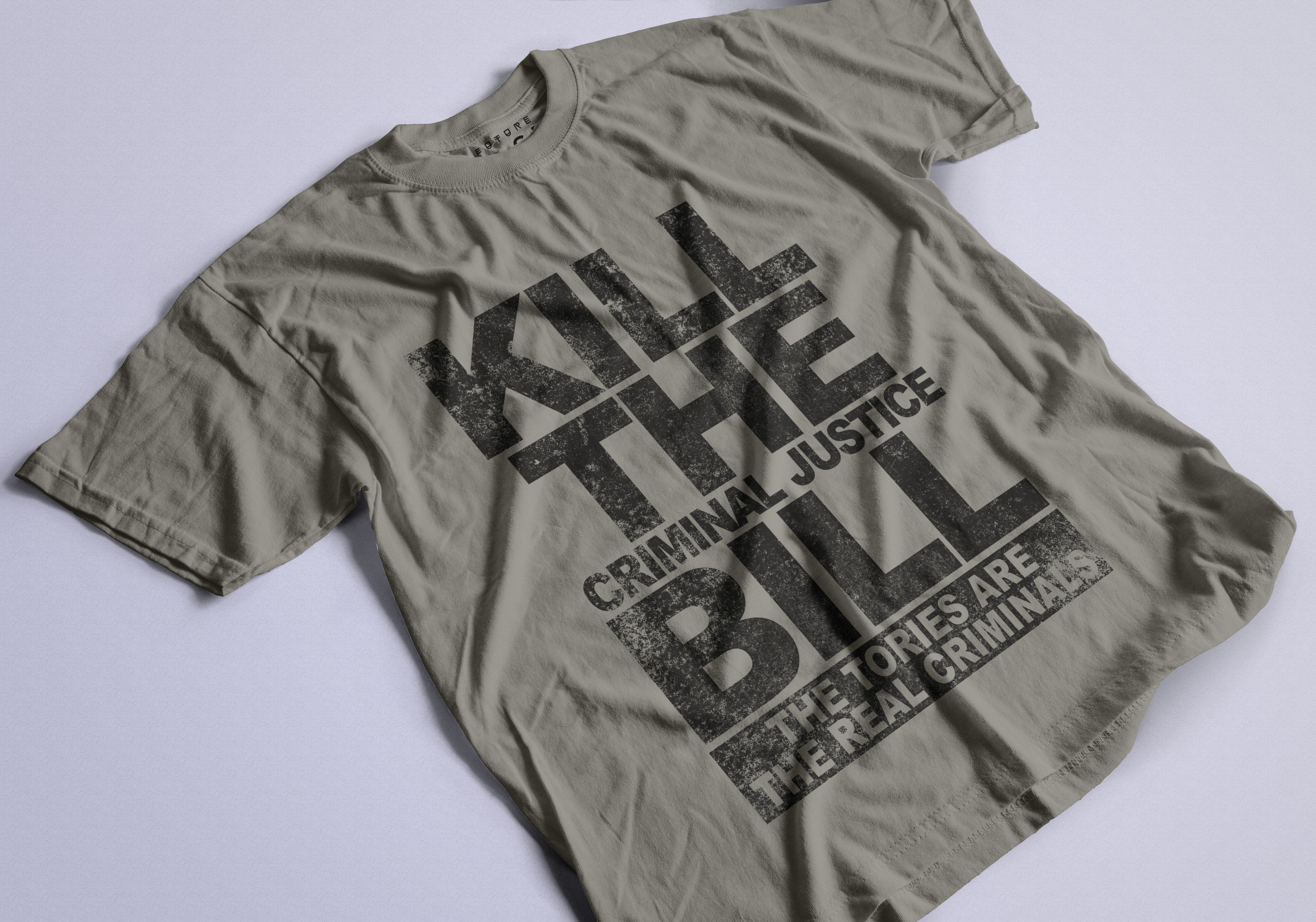 Kill The Criminal Justice Bill T-Shirt / Grey-Future Past-Essential Republik