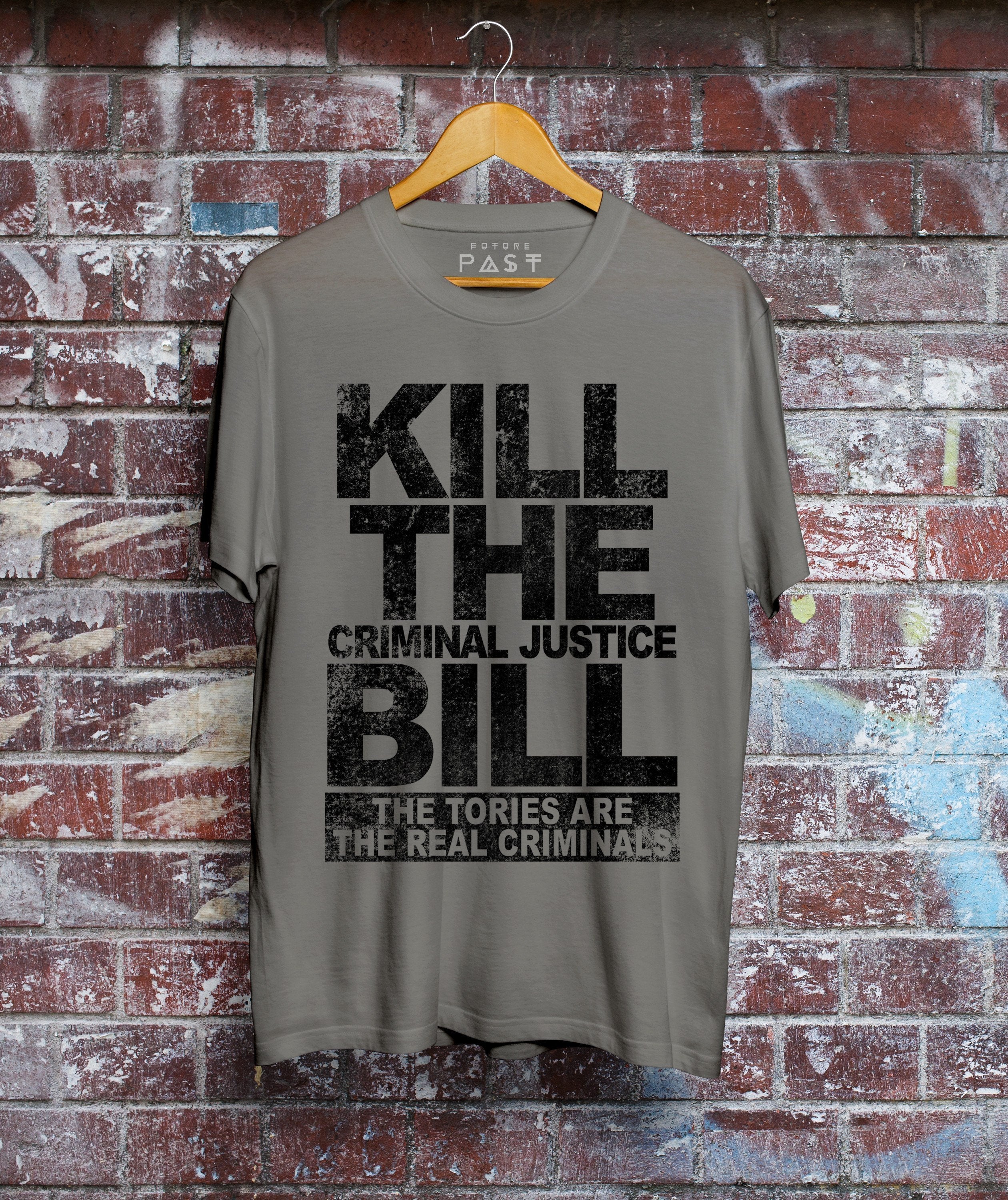 Kill The Criminal Justice Bill T-Shirt / Grey-Future Past-Essential Republik