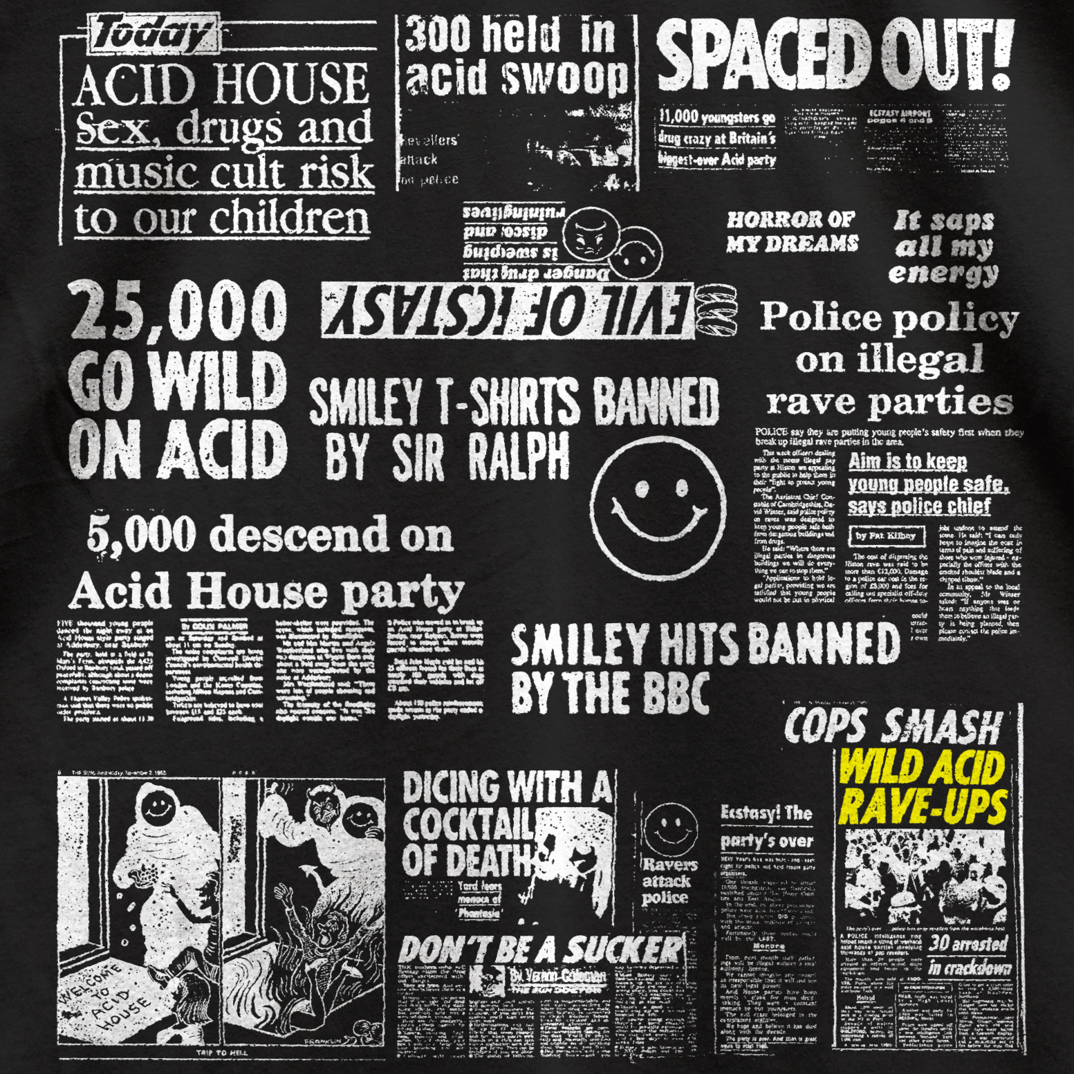 Acid House Headline Hysteria T-Shirt / Black-Future Past-Essential Republik