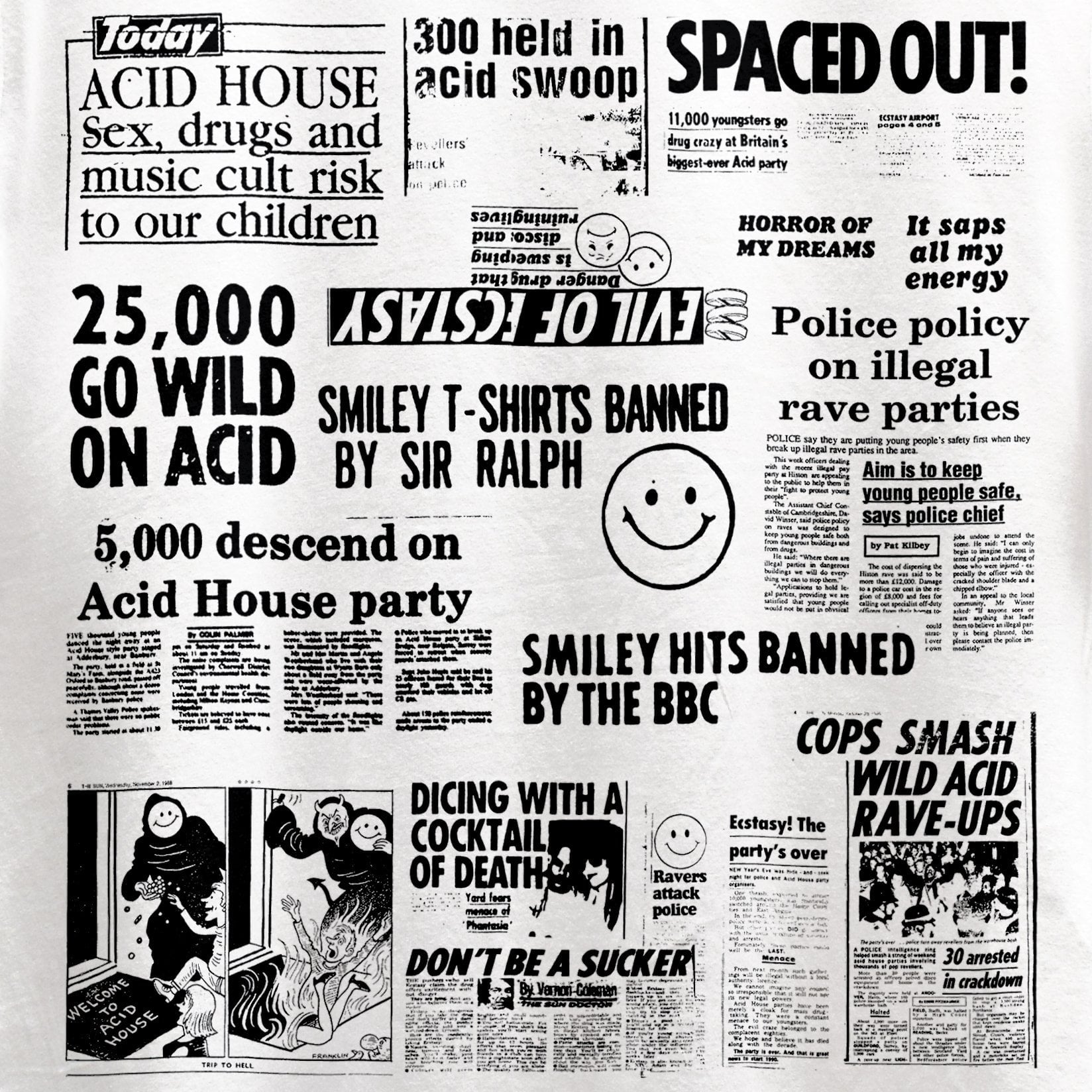 Acid House Headline Hysteria T-Shirt / White-Future Past-Essential Republik