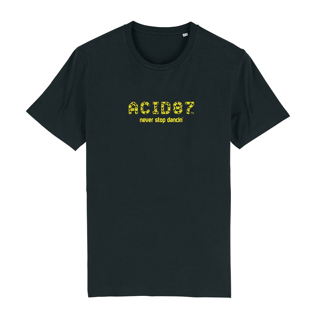Acid87 Never Stop Dancin Large Yellow Smile Logo Unisex T-Shirt-Acid87-Essential Republik