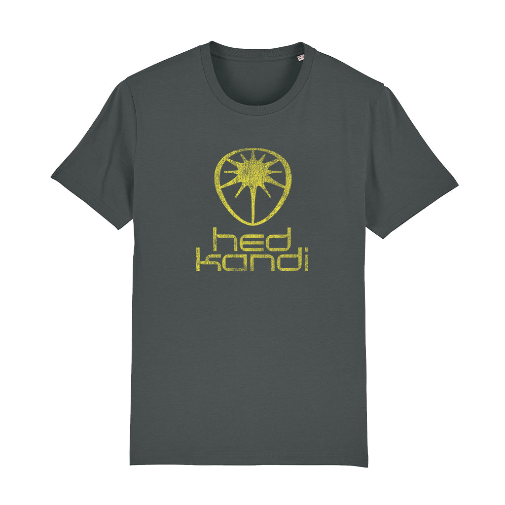 Hedkandi Yellow Distressed Retro Logo Unisex Organic T-Shirt-Hedkandi-Essential Republik
