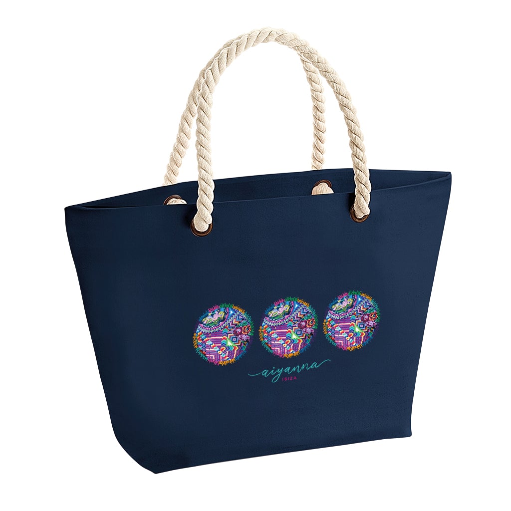 Aiyanna Ibiza Parasols Turquoise Text Rope Handle Beach Bag-Aiyanna-Essential Republik