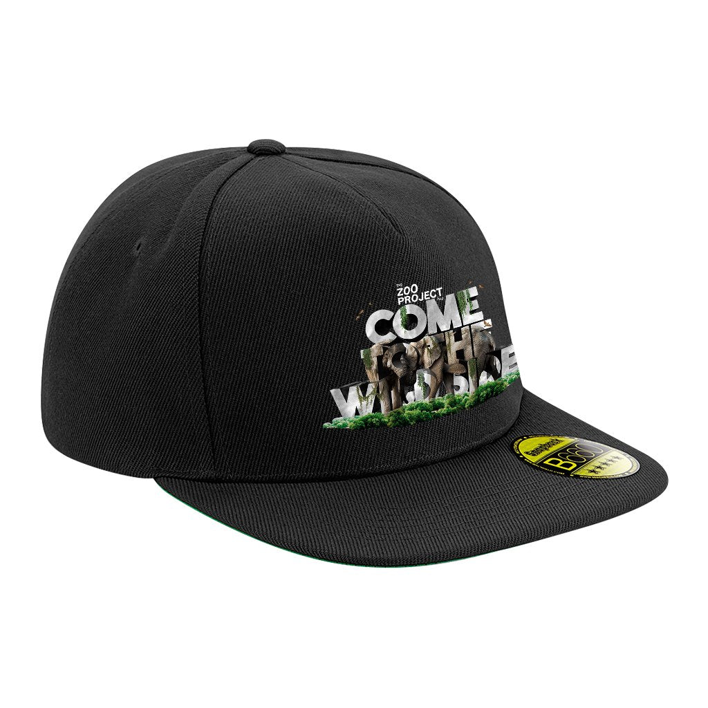 Come To The Wild Side White Text Flat Peak Snapback Cap-The Zoo Project-Essential Republik