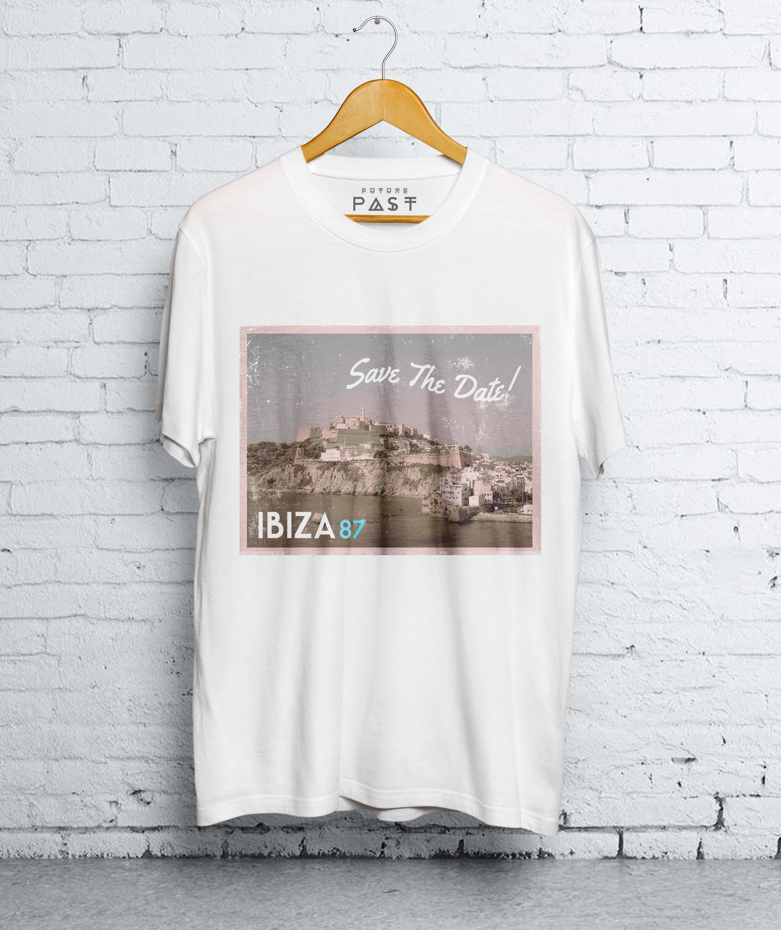 Ibiza 87 Save The Date Postcard T-Shirt / White-Future Past-Essential Republik