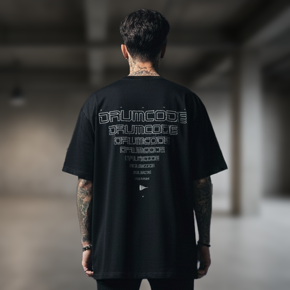 Drumcode outline print oversized unisex t shirt in black-Drumcode-Essential Republik