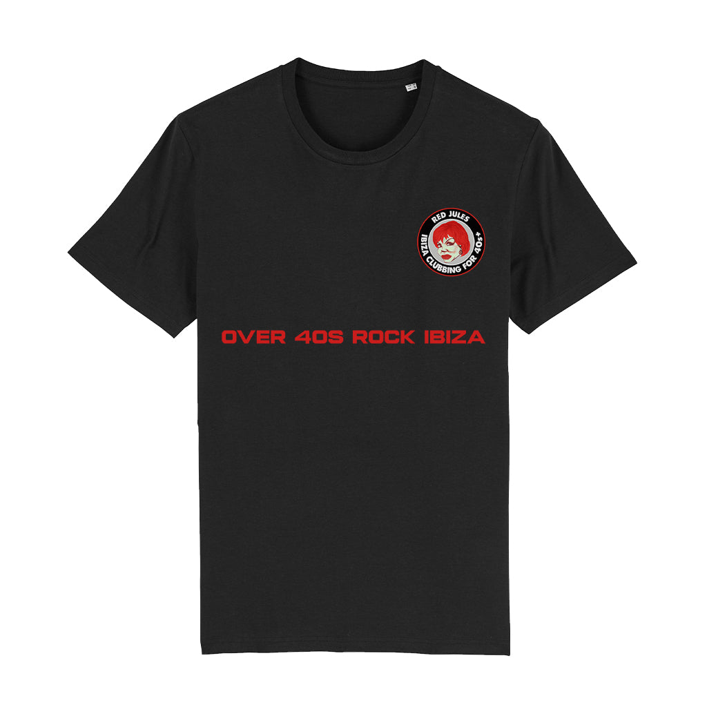 Red Jules Over 40s Rock Ibiza Red Text Unisex Organic T-Shirt-Red Jules-Essential Republik