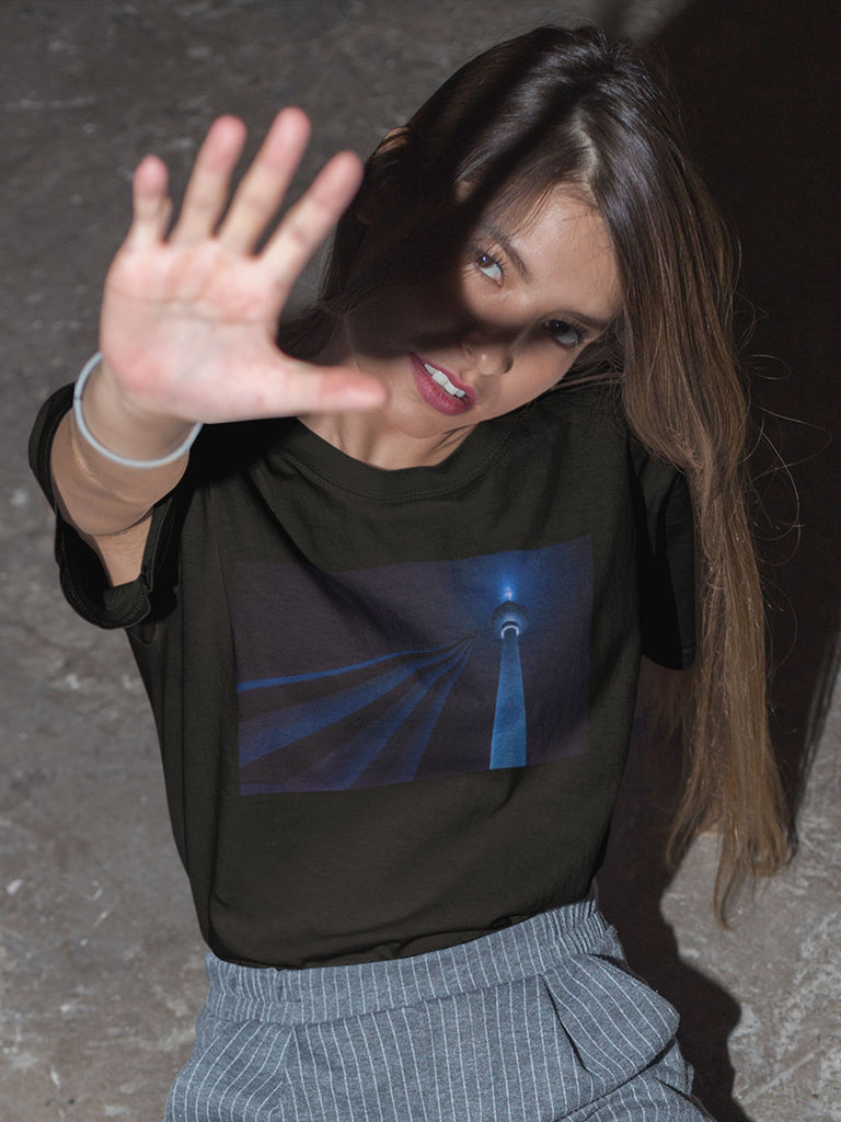 A young woman wearing a Global Underground 'Berlin' T-Shirt