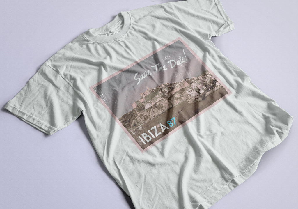 Ibiza 87 Save The Date Postcard T-Shirt / White-Future Past-Essential Republik