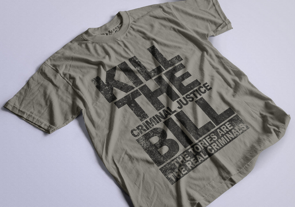 Kill The Criminal Justice Bill T-Shirt / Grey-Future Past-Essential Republik
