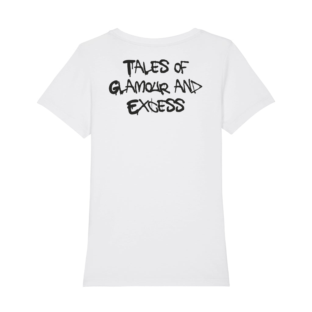 Back To Basics Tales Of Glamour And Excess Front And Back Print Women's Iconic Fitted T-Shirt-Back To Basics-Essential Republik
