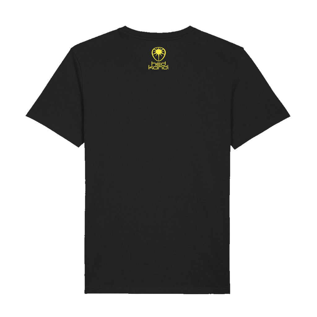Hedkandi Neon Yellow Peace And Love And Happiness Unisex Organic T-Shirt-Hedkandi-Essential Republik