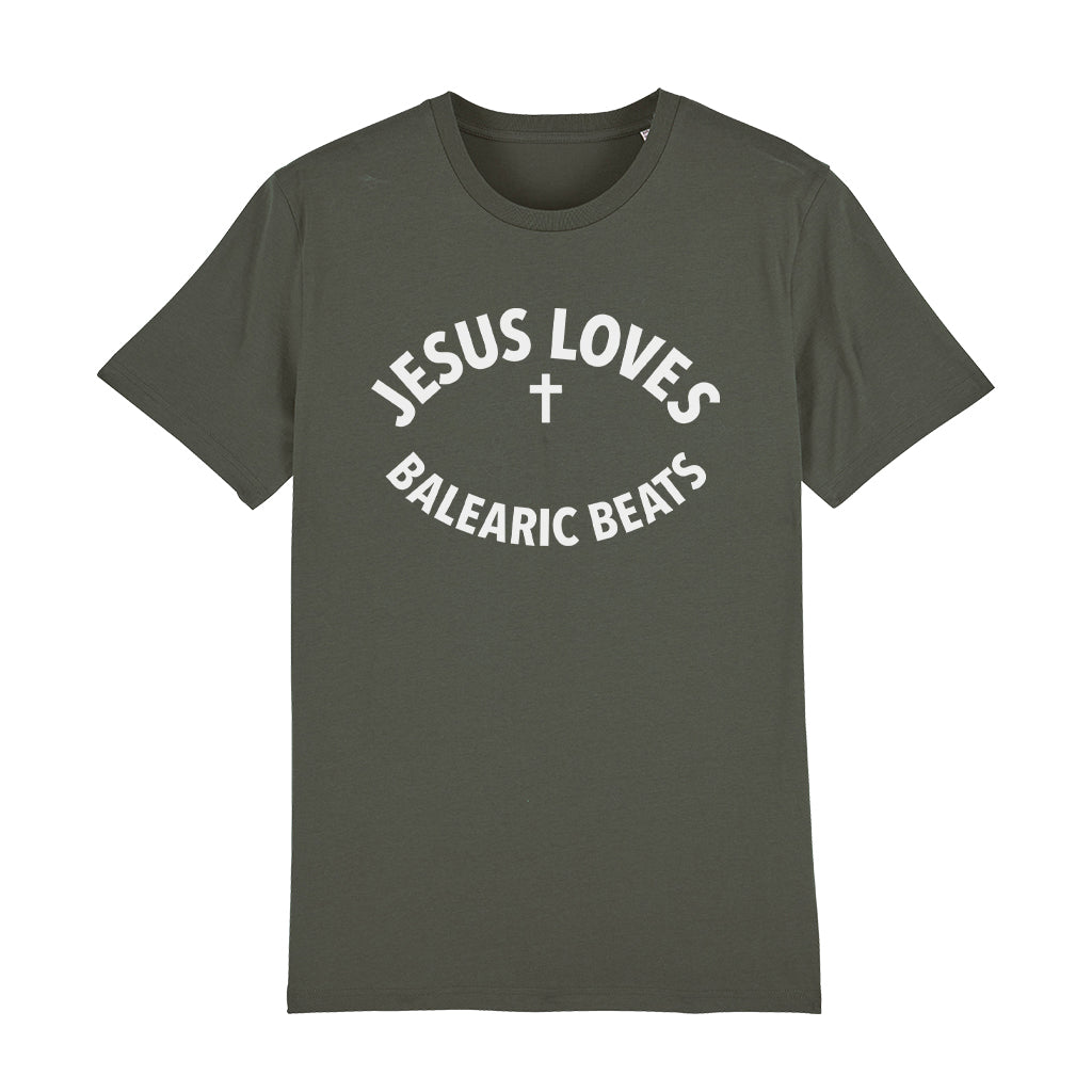 Jesus Loves Balearic Beats White Text Unisex Organic T-Shirt-White Isle-Essential Republik