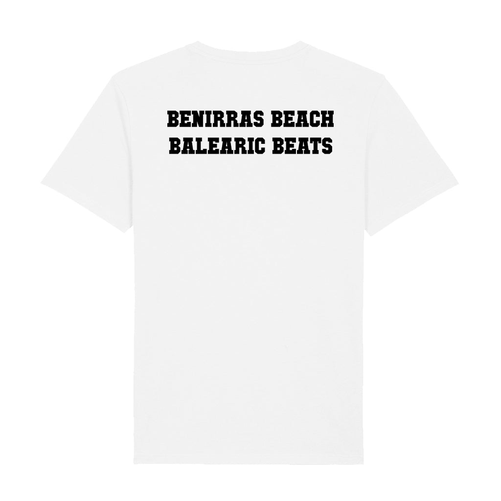 Benniras Beach Balearic Beats Black Text Unisex Organic T-Shirt-White Isle-Essential Republik