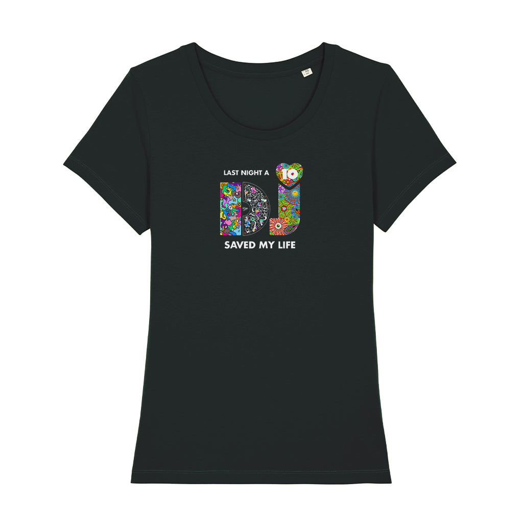 LNADJ 10th Anniversary Dixon And Chapter Artwork Logo Dark I Women's Iconic Fitted T-Shirt-Last Night A DJ-Essential Republik