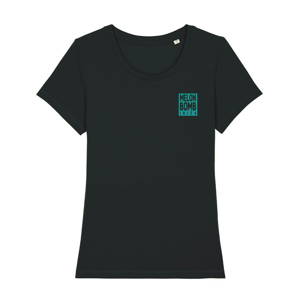 Melon Bomb Square Logo And Text Front And Back Print Women's Iconic Fitted T-Shirt-Melon Bomb-Essential Republik
