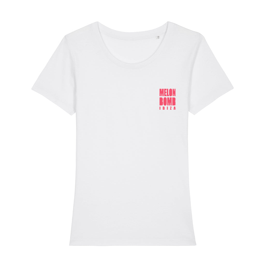 Melon Bomb Pink Logo Front And Back Print Women's Iconic Fitted T-Shirt-Melon Bomb-Essential Republik