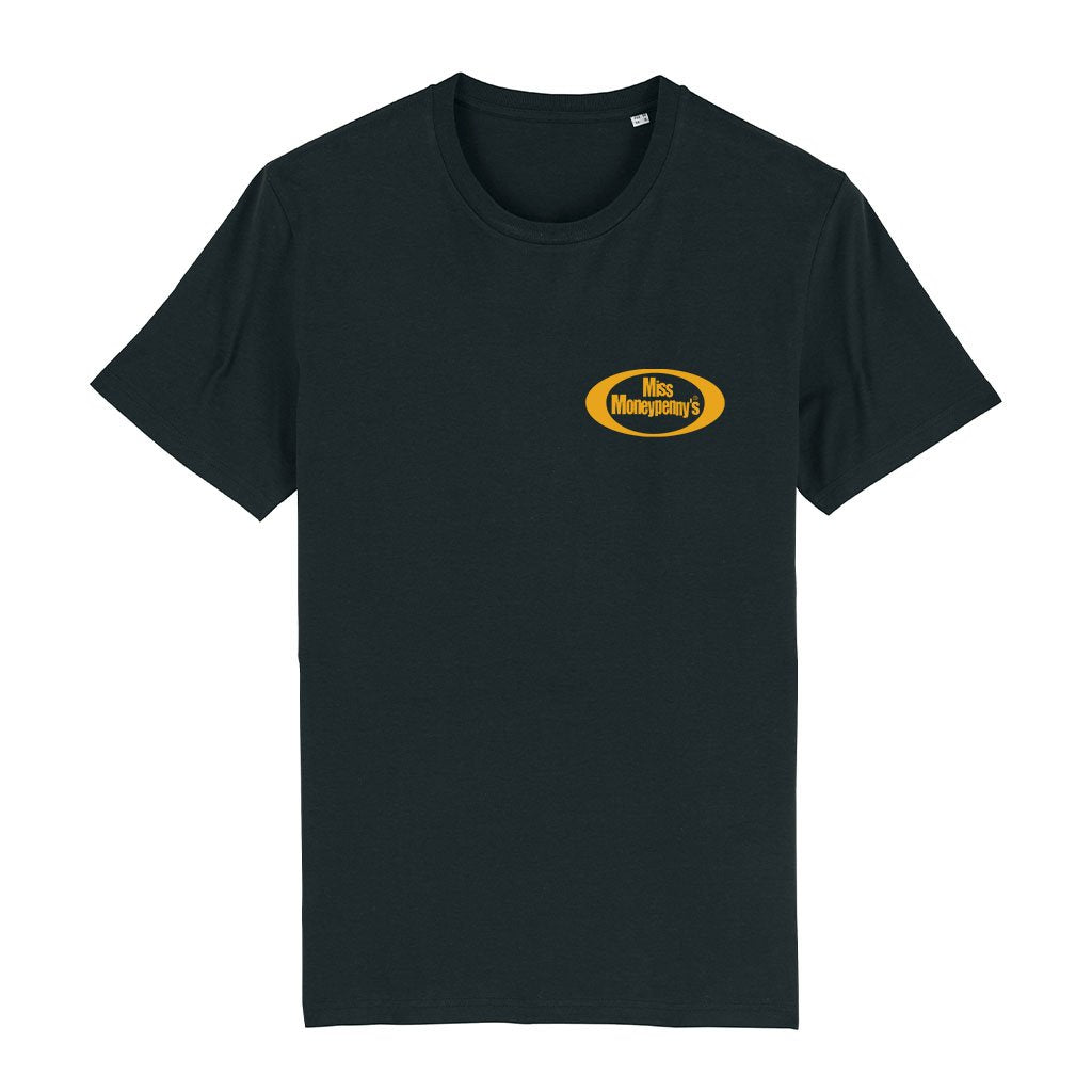 Miss Moneypenny's Gold Oval Logo And Clown Front And Back Print Men's Organic T-Shirt-Miss Moneypenny's-Essential Republik
