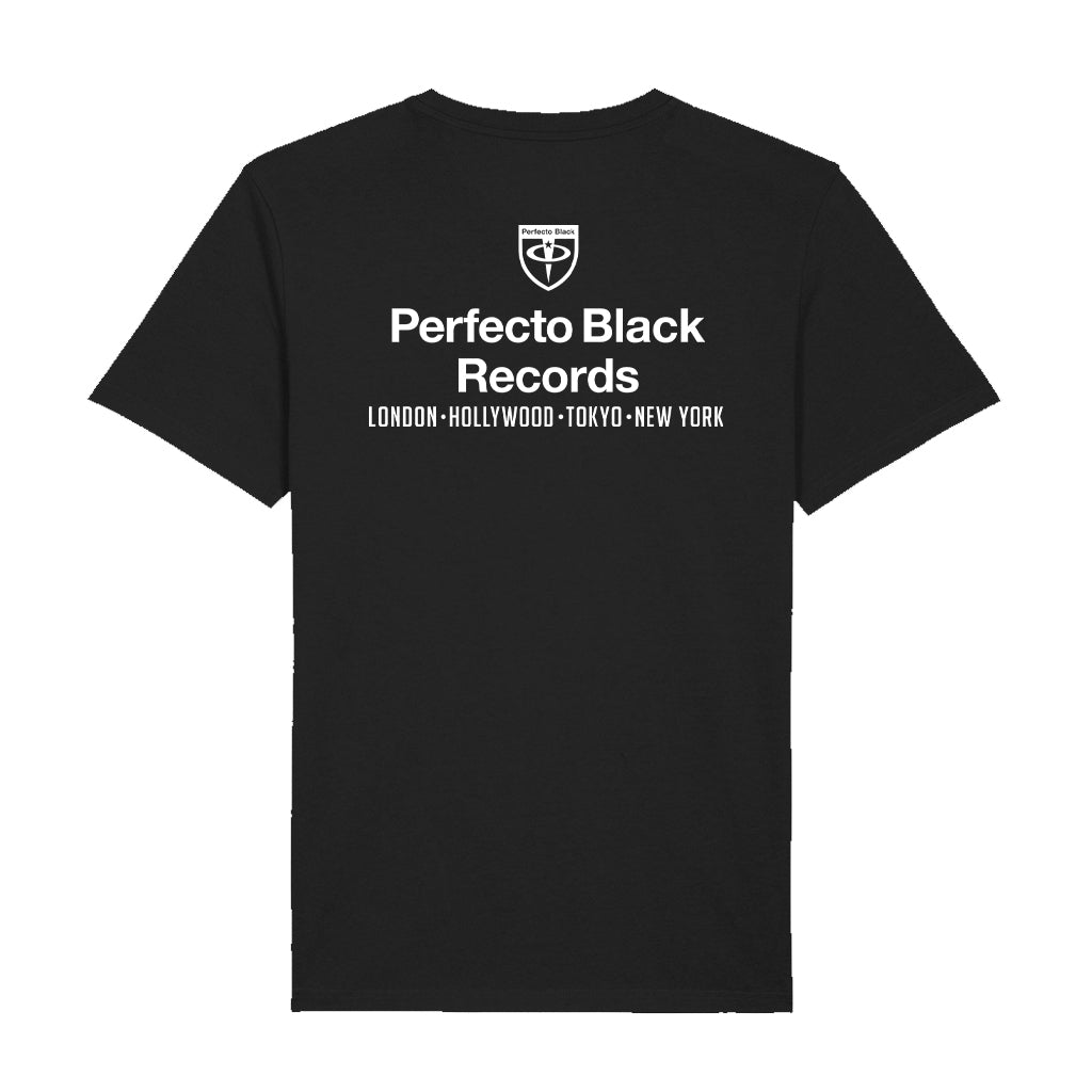 Paul Oakenfold Perfecto Black Records White Logo And Cities Front And Back Print Unisex T-Shirt-Paul Oakenfold-Essential Republik