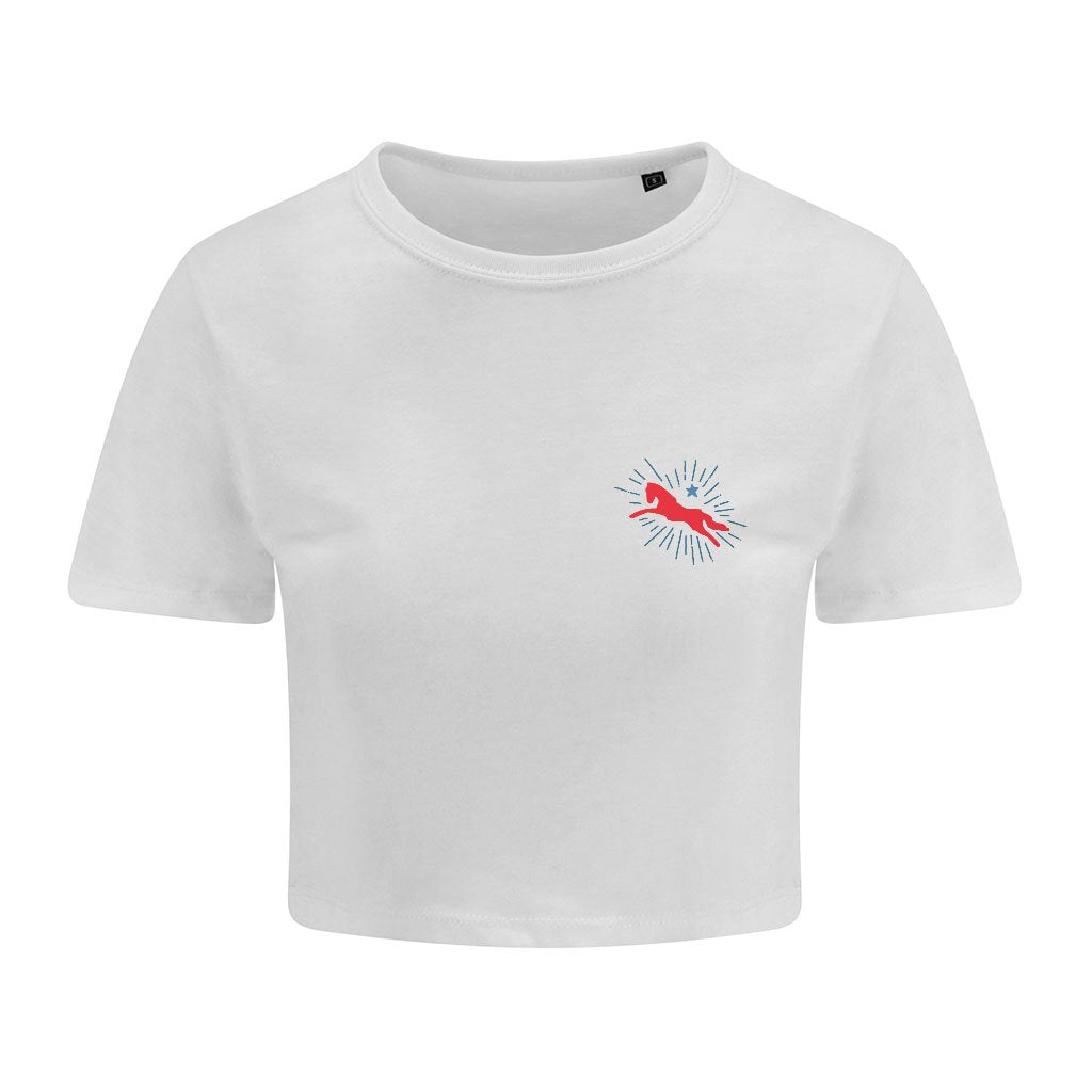 Jockey Club Red And Blue Sparkle Logo Girlie Cropped T-Shirt-Jockey Club-Essential Republik