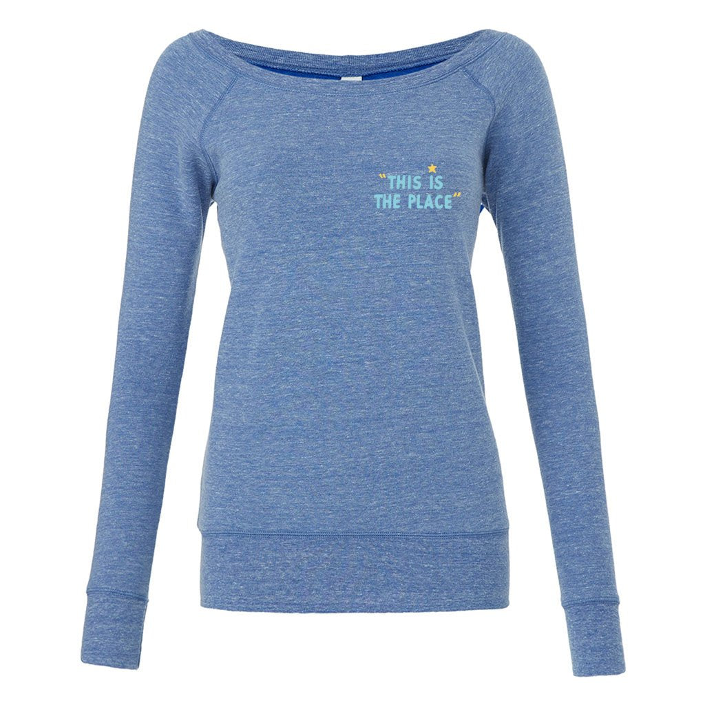 Jockey Club This Is The Place Turquoise Text Front And Back Print Women's Wide Neck Soft Fleece Sweatshirt-Jockey Club-Essential Republik