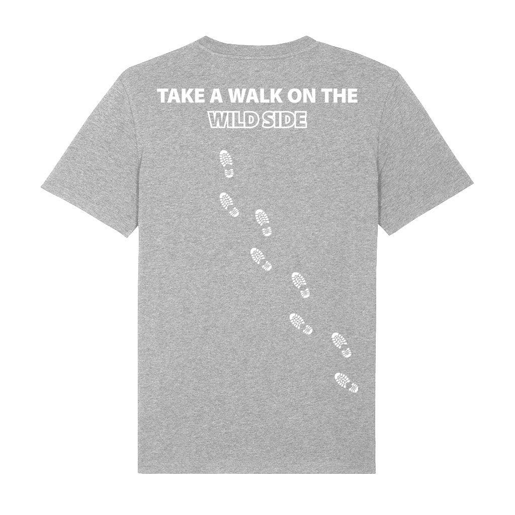 Walking Ibiza White Logo And Footprints Front And Back Print Men's Organic T-Shirt-Walking Ibiza-Essential Republik