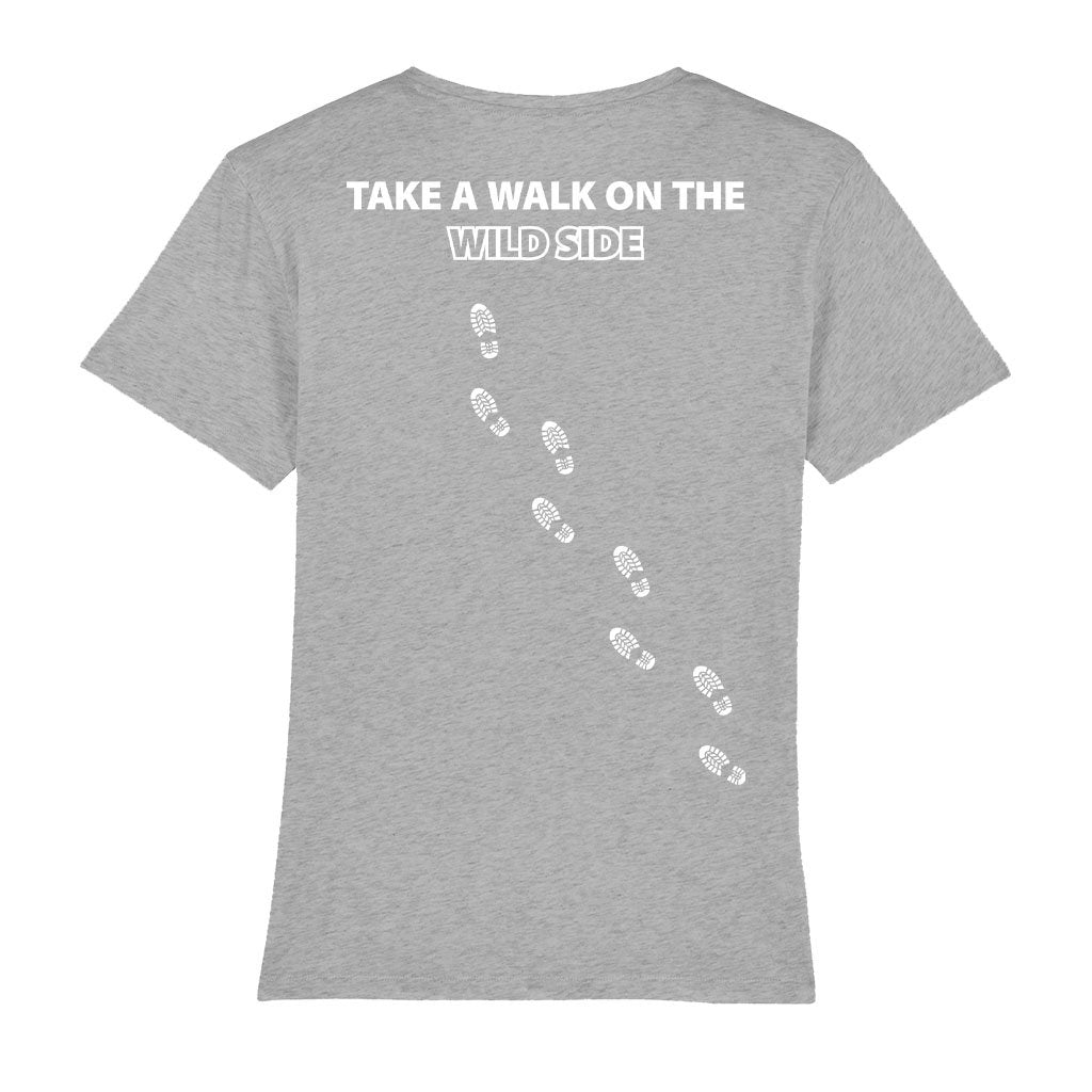 Walking Ibiza White Logo And Footprints Front And Back Print Women's V-Neck T-Shirt-Walking Ibiza-Essential Republik
