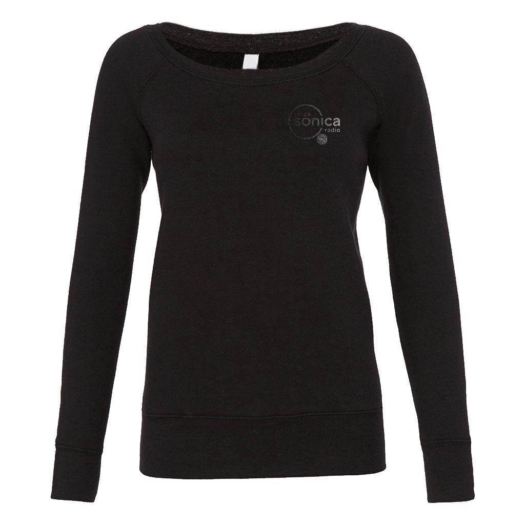 Sonica Black Glitter Logo Front And Back Print Women's Wide Neck Soft Fleece Sweatshirt-Sonica-Essential Republik